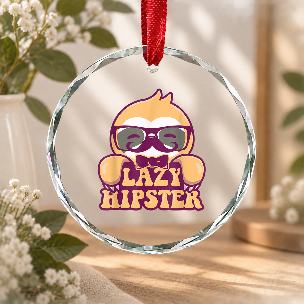 Lazy Hipster Sloth Mustache Funny Animal Glass Ornament - Material: Circle Glass Ornament