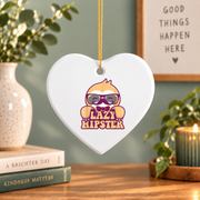 Lazy Hipster Sloth Mustache Funny Animal Glass Ornament - Material: Heart Ceramic Ornament
