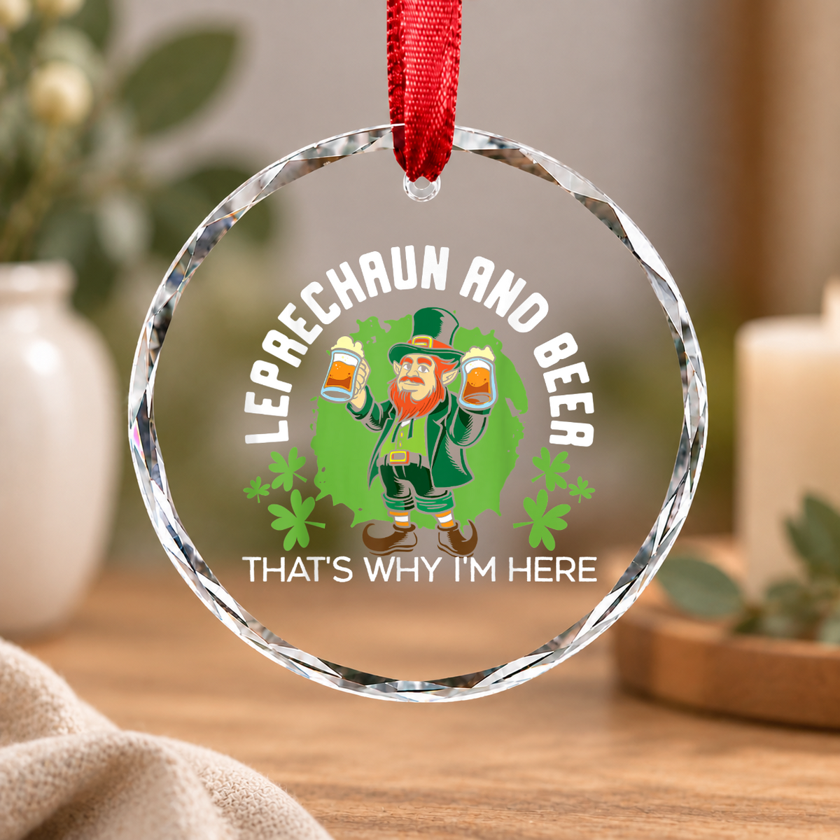 Leprechaun Beer St Patrick's Day Glass Ornament - Material: Circle Glass Ornament