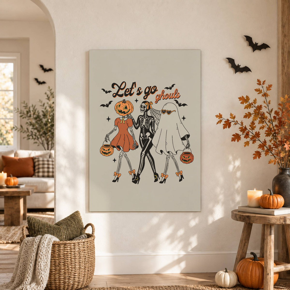 Lets Go Ghouls Halloween Print Retro Girly Wall Art Seasonal Decor Poster - Format: Unframed Paper Poster