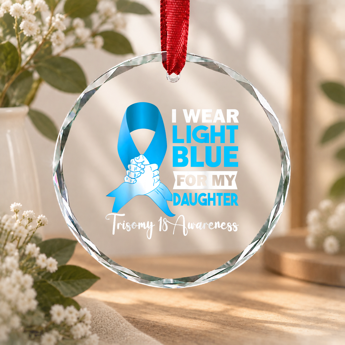 Light Blue Awareness Ribbon Ornament for Daughter Support Glass Ornament - Material: Circle Glass Ornament