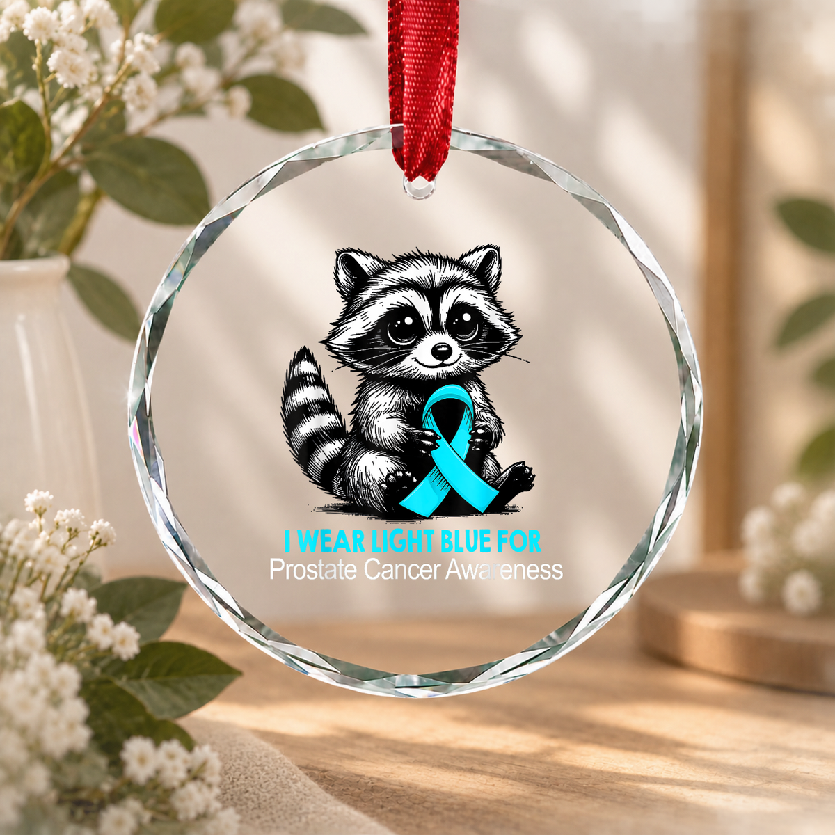 Light Blue Prostate Cancer Awareness Ribbon Glass Ornament - Material: Circle Glass Ornament