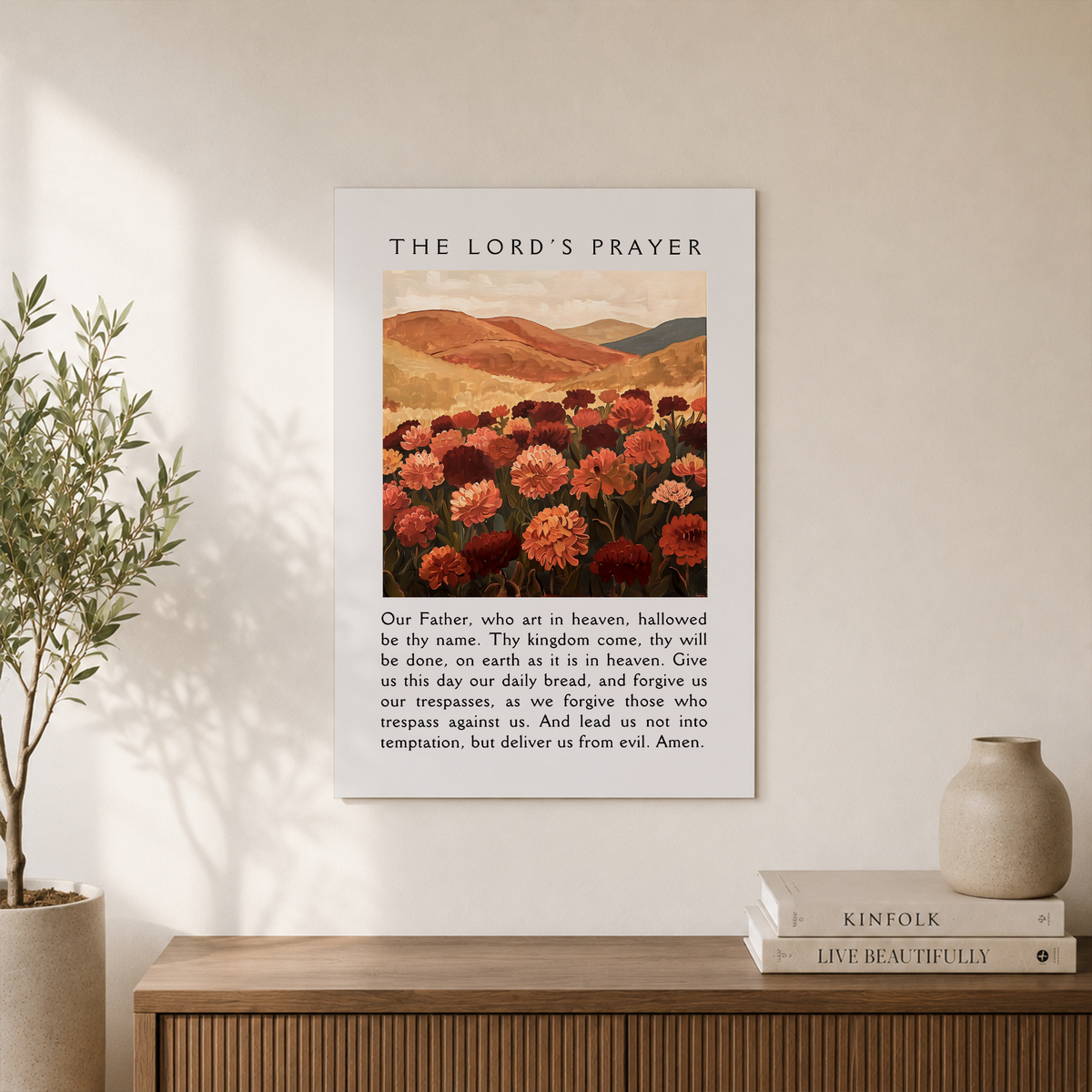 Lords Prayer Christian Wall Art, Floral Minimalist Faith Poster - Format: Unframed Paper Poster
