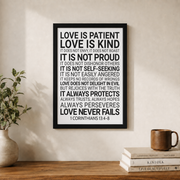 Love Is Patient Love Is Kind Christian Wall Art, Corinthians Scripture Poster - Format: Black Framed Poster