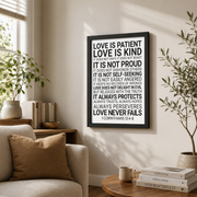Love Is Patient Love Is Kind Christian Wall Art, Corinthians Scripture Poster - Format: Black Framed Poster