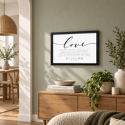 Love Never Fails Christian Decor Wall Art, Religious Wedding Gift, Horizontal Scripture Quote, Corinthians 13:4 Bible Verse Wall Art, Modern Wall Decor, 12x18 UNFRAMED - Format: Black Framed Poster