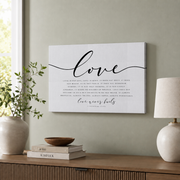 Love Never Fails Christian Decor Wall Art, Religious Wedding Gift, Horizontal Scripture Quote, Corinthians 13:4 Bible Verse Wall Art, Modern Wall Decor, 12x18 UNFRAMED - Format: Stretched Canvas
