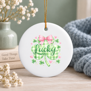 Lucky Irish Coquette Bow Shamrock Holiday Gift Glass Ornament - Material: Circle Ceramic Ornament