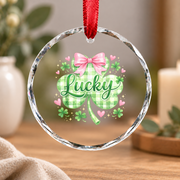 Lucky Irish Coquette Bow Shamrock Holiday Gift Glass Ornament - Material: Circle Glass Ornament