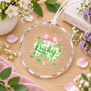Lucky Irish Coquette Bow Shamrock Holiday Gift Glass Ornament - Material: Circle Glass Ornament