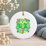 Lucky Shamrock Coquette Bow Irish Inspired Gift Glass Ornament - Material: Circle Ceramic Ornament