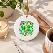 Lucky Shamrock Coquette Bow Irish Inspired Gift Glass Ornament - Material: Circle Ceramic Ornament