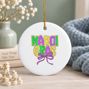 Mardi Gras Coquette Bow Carnival Gift Decoration Glass Ornament - Material: Circle Ceramic Ornament