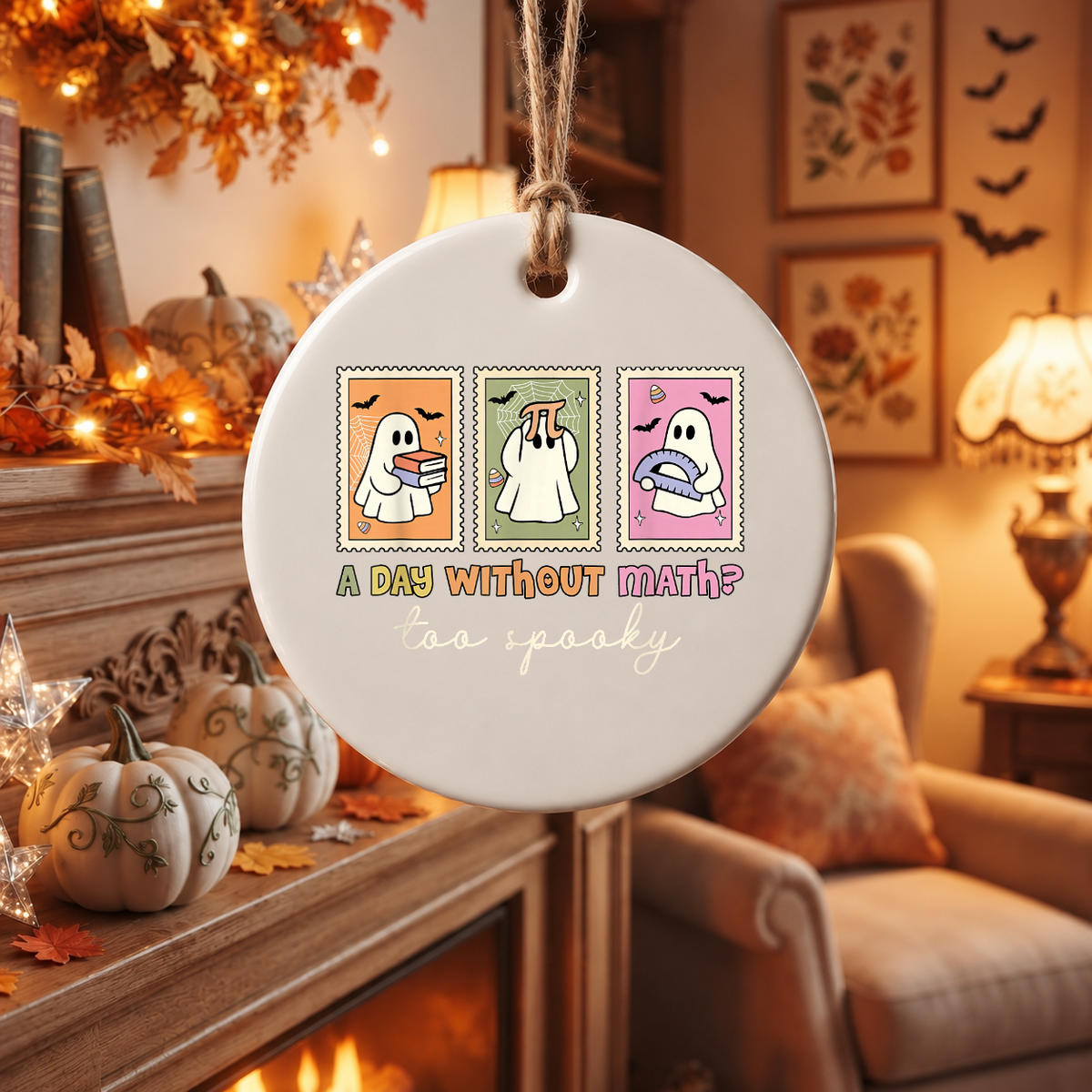Math Lover Ghost Halloween Ornament with Classroom Theme Ceramic Ornament - Material: Circle Ceramic Ornament