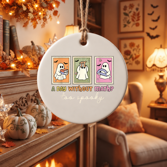 Math Lover Ghost Halloween Ornament with Classroom Theme Ceramic Ornament - Material: Circle Ceramic Ornament