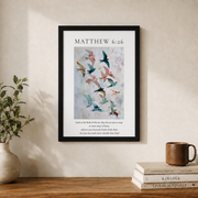 Matthew 6:26 Birds Christian Wall Art, Aesthetic Bible Verse Poster - Format: Black Framed Poster