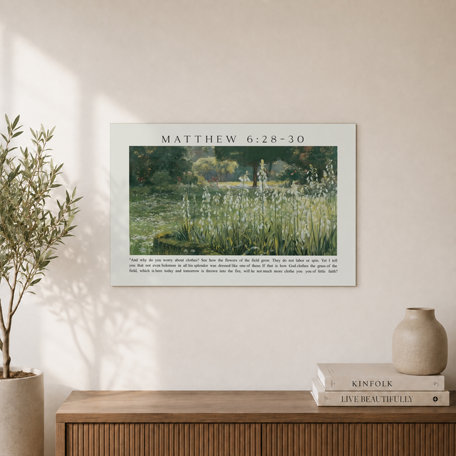 Matthew 6:28-30 Consider The Lilies Bible Verses Wall Art, Vintage Landscape Oil Painting Religious Scripture Quote Artwork Poster Wall Art, Modern Wall Decor, 24x36 UNFRAMED - Format: Unframed Paper Poster