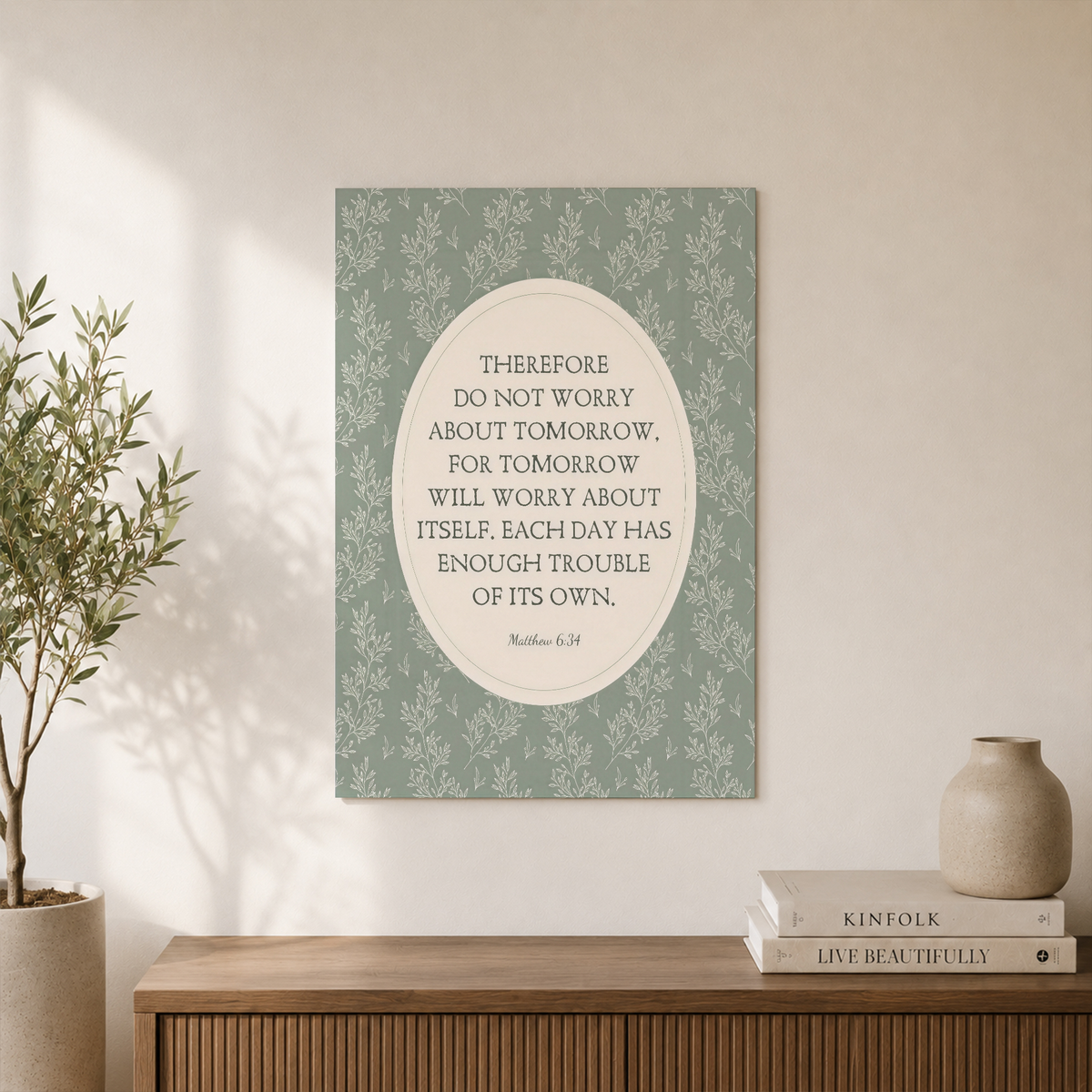 Matthew 6:34 Christian Wall Art, Botanical Bible Verse Poster - Format: Unframed Paper Poster