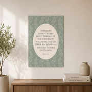 Matthew 6:34 Christian Wall Art, Botanical Bible Verse Poster - Format: Unframed Paper Poster