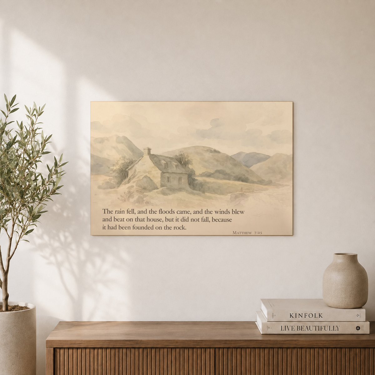 Matthew 7:25 Christian Wall Art, Mountain Faith Bible Verse Poster - Format: Unframed Paper Poster