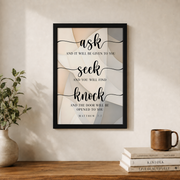 Matthew 7:7 Ask Seek Knock Christian Wall Art, Scripture Poster - Format: Black Framed Poster