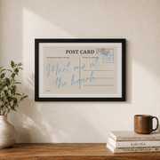 Meet Me At The Beach Wall Art Blue Coastal Typography Poster Summer Beach House Aesthetic Decor - Format: Black Framed Poster