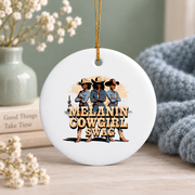 Melanin Cowgirl Black History Style Glass Ornament - Material: Circle Ceramic Ornament