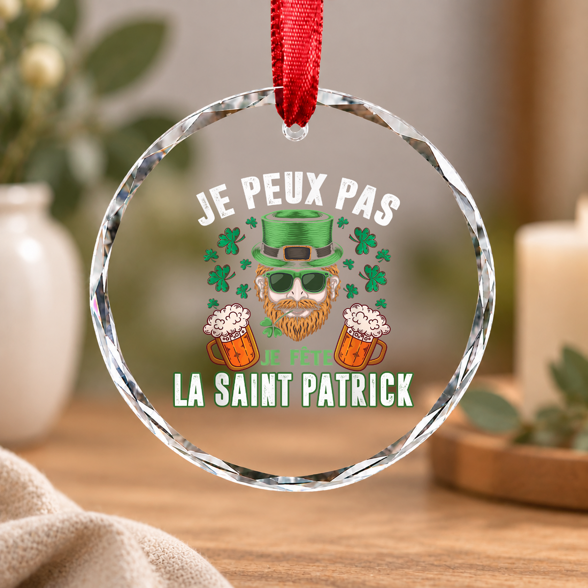 Men's St Patrick's Day Beer Gift Glass Ornament - Material: Circle Glass Ornament