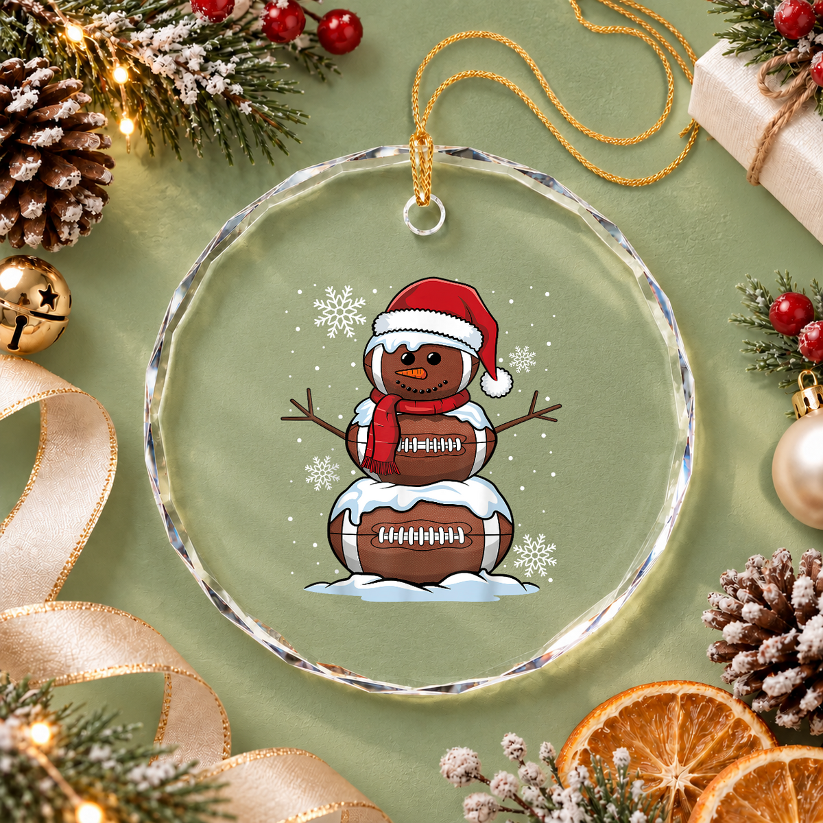 Merry Christmas Football Snowman Sports Glass Ornament - Material: Circle Glass Ornament