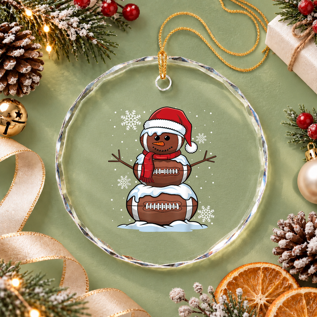 Merry Christmas Football Snowman Sports Glass Ornament - Material: Circle Glass Ornament
