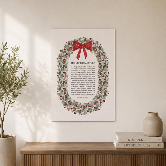 Modroom The Holiday Story Nativity Bible Verse Modern Holiday Wall Art Red Bow Seasonal Print Christian Vintage Scripture Artwork Luke 2 Jesus Art Wall Art, Modern Wall Decor, 12x18 UNFRAMED - Format: Unframed Paper Poster