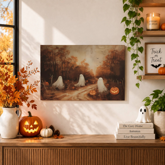 Moody Ghost Autumn Landscape Print Vintage Halloween Wall Art Spooky Fall Cottage Decor - Format: Unframed Paper Poster