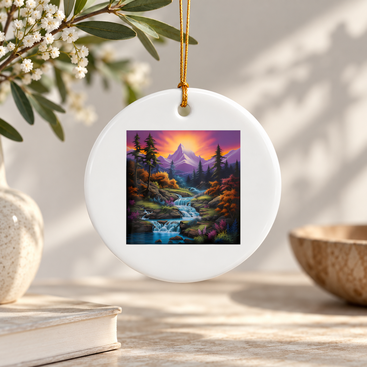 Mountain River Waterfall Hiking Landscape Ceramic Ornament - Material: Circle Ceramic Ornament
