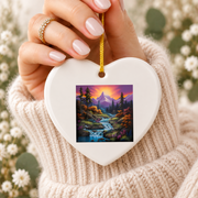 Mountain River Waterfall Hiking Landscape Ceramic Ornament - Material: Heart Ceramic Ornament