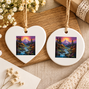 Mountain River Waterfall Hiking Landscape Ceramic Ornament - Material: Heart Ceramic Ornament