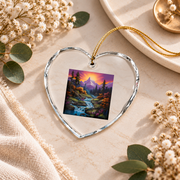 Mountain River Waterfall Hiking Landscape Ceramic Ornament - Material: Heart Glass Ornament
