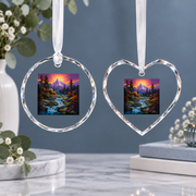 Mountain River Waterfall Hiking Landscape Ceramic Ornament - Material: Heart Glass Ornament