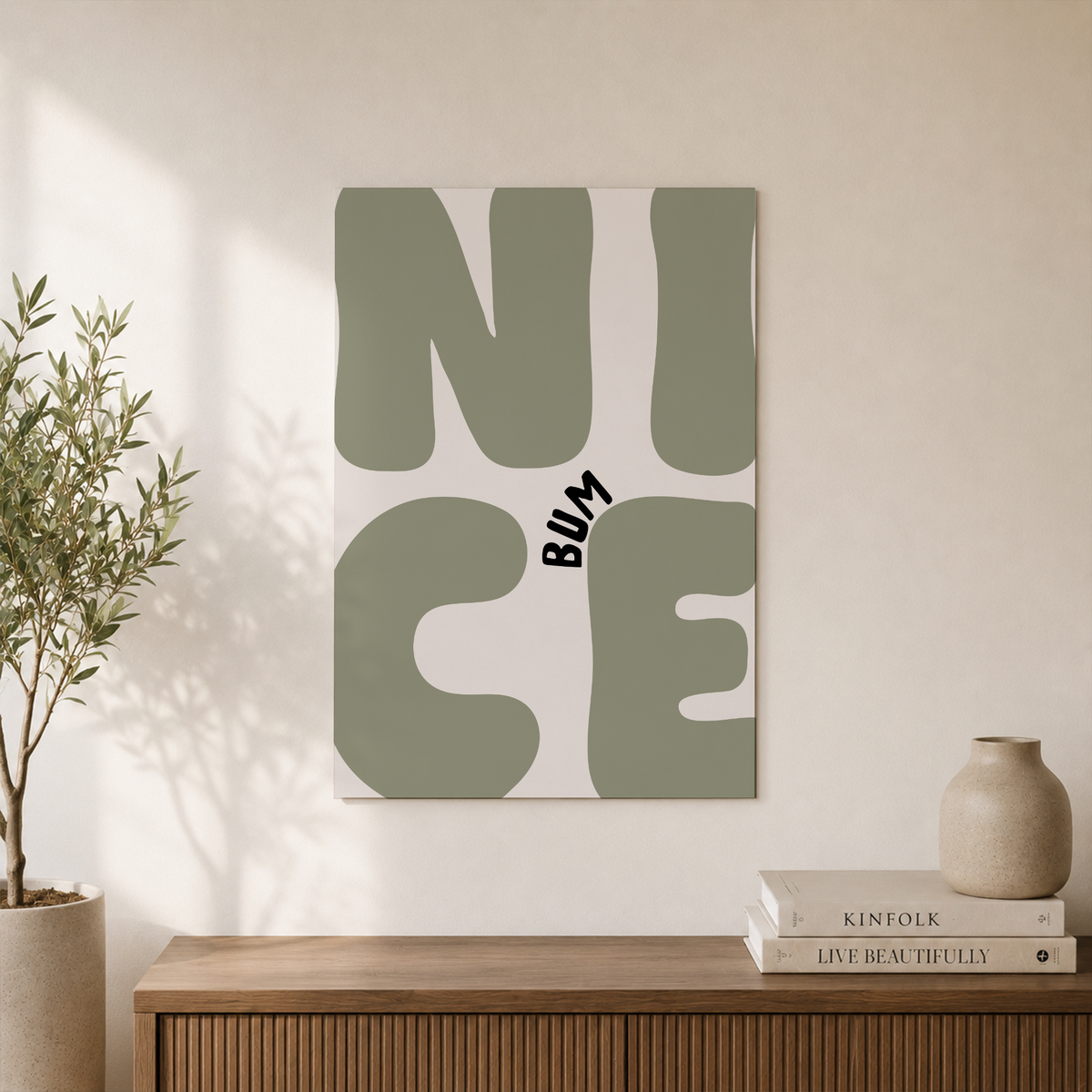 Nice Bum Wall Art Sage Green Monochrome Typography Poster Bathroom and Bedroom Decor - Format: Unframed Paper Poster