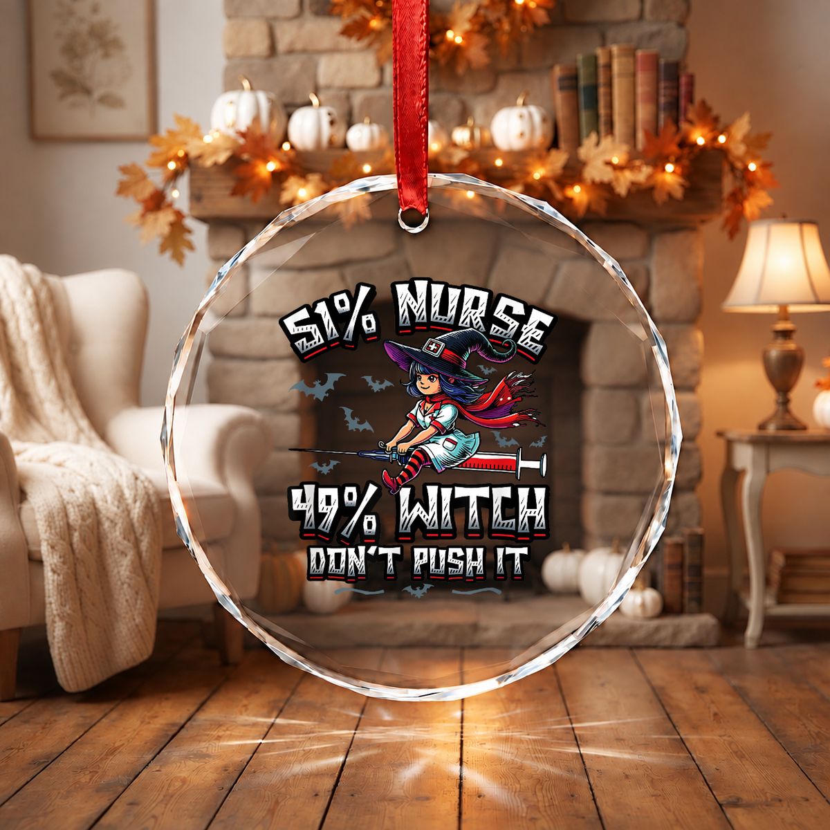 Nurse Witch Halloween Ornament with Funny Medical Theme Glass Ornament - Material: Circle Glass Ornament