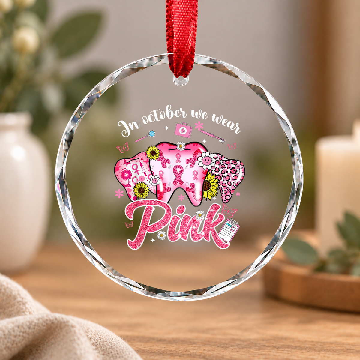 October Pink Tooth Breast Cancer Awareness Gift Glass Ornament - Material: Circle Glass Ornament