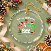Our First Christmas Mr And Mrs Couple Glass Ornament - Material: Circle Glass Ornament
