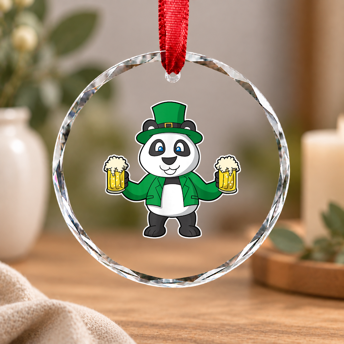 Panda Beer Irish Gift Glass Ornament - Material: Circle Glass Ornament