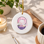 Pastel Goth Black Cat Ramen Lover Glass Ornament - Material: Circle Ceramic Ornament