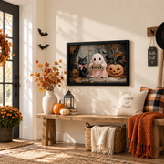 Pastel Halloween Ghost Print Nursery Wall Art Black Cat Home Decor Spooky Artwork - Format: Black Framed Poster