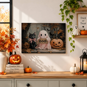 Pastel Halloween Ghost Print Nursery Wall Art Black Cat Home Decor Spooky Artwork - Format: Stretched Canvas