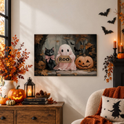 Pastel Halloween Ghost Print Nursery Wall Art Black Cat Home Decor Spooky Artwork - Format: Unframed Paper Poster