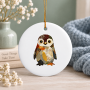 Patchwork Penguin Boho Animal Collage Glass Ornament - Material: Circle Ceramic Ornament