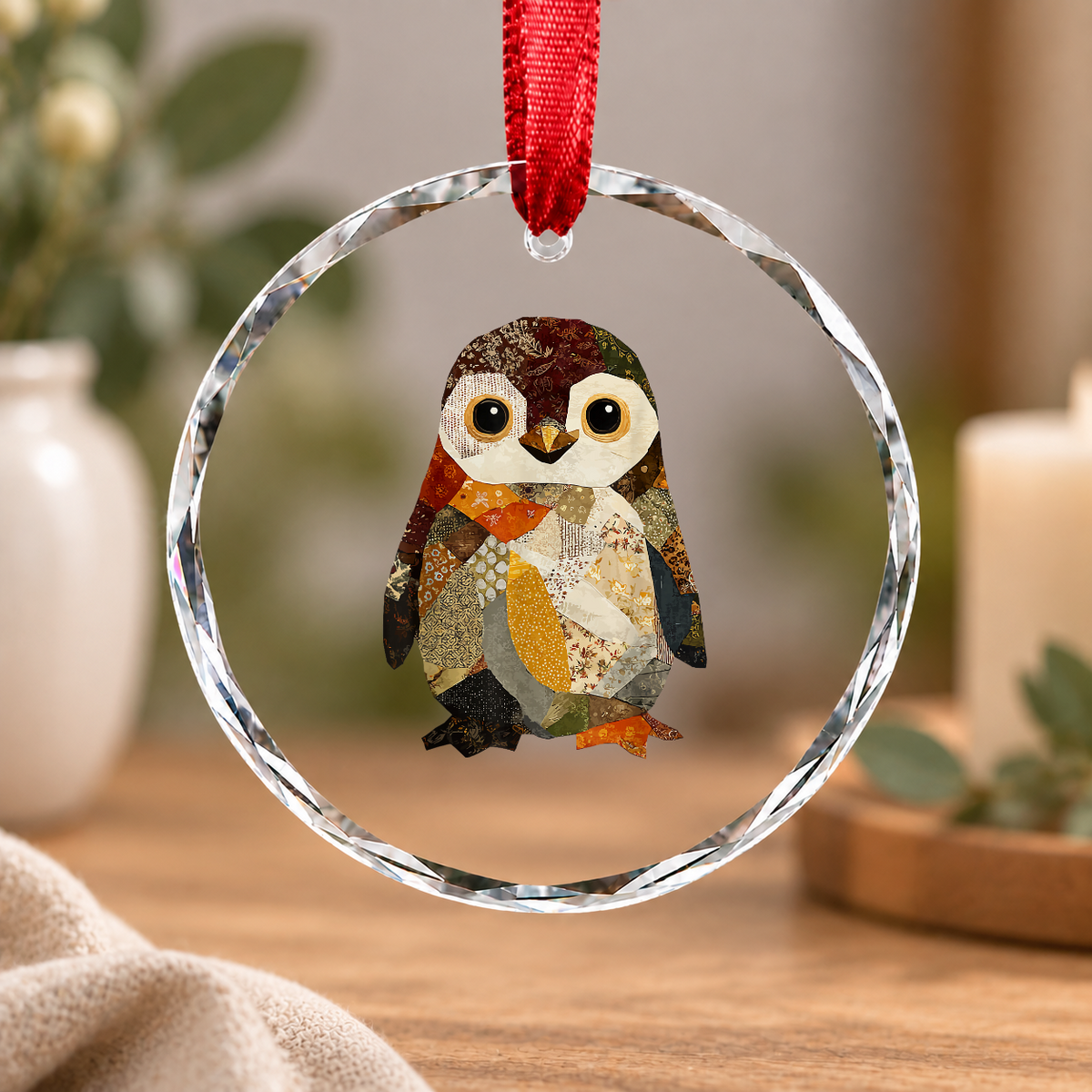 Patchwork Penguin Boho Animal Collage Glass Ornament - Material: Circle Glass Ornament