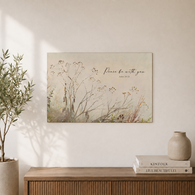 Peace Be With You Christian Wall Art, Antique Botanical Scripture Poster - Format: Unframed Paper Poster