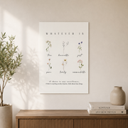 Philippians 4 Whatever Is True Christian Wall Art, Beige Floral Scripture Poster - Format: Unframed Paper Poster